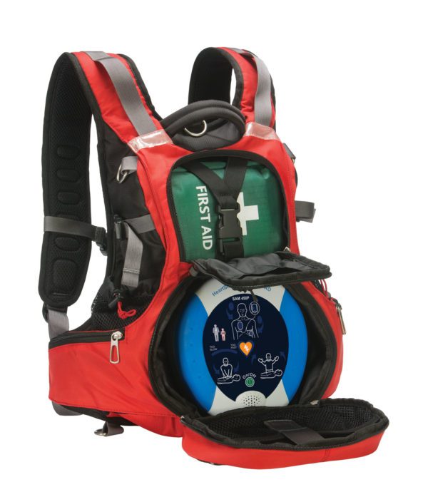 Immagine dello zaino per il trasporto del defibrillatore, soluzione mobile per l'accesso rapido in situazioni di emergenza.