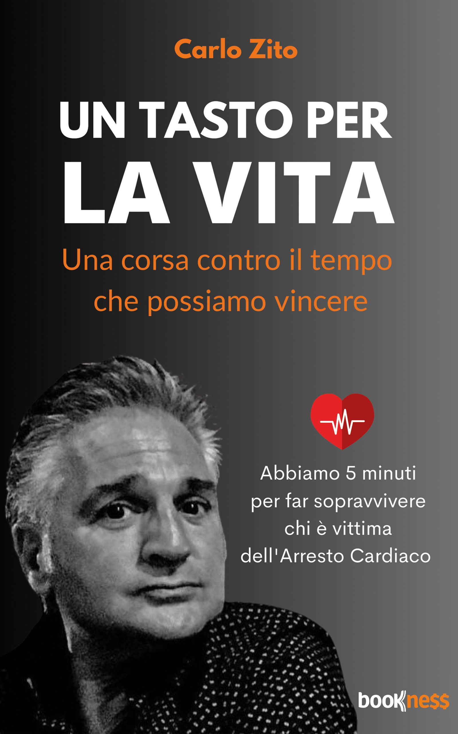 Copertina del libro 'Un Tasto per la Vita' con un cuore stilizzato e il titolo ben visibile. Una guida completa alla prevenzione cardiaca.